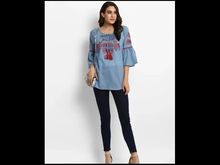 Blue Embroidered A-Line Pure Cotton Top (4)