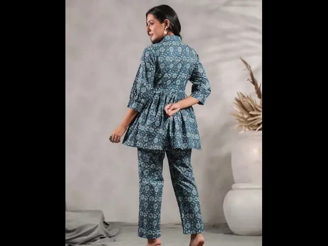 Floral Printed Pleated A-Line Pure Cotton Kurti With Trousers (5)