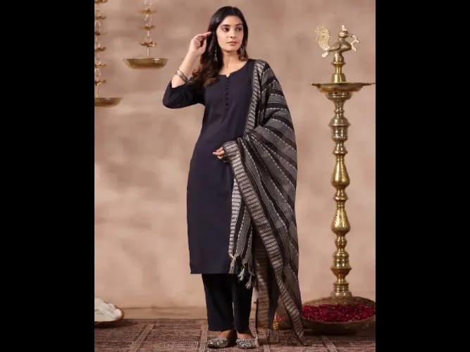 Straight Kurta with Pants & Striped Dupatta