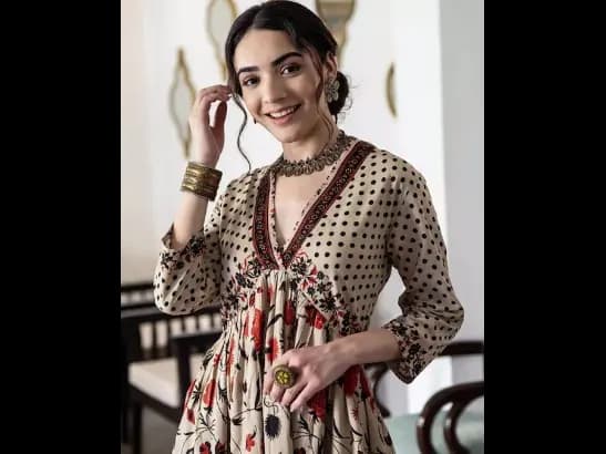 Beige & Orange Printed A-Line Dress (2)