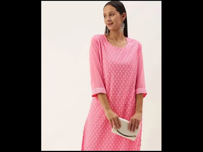 Pink Embroidered Chikankari Georgette Kurta