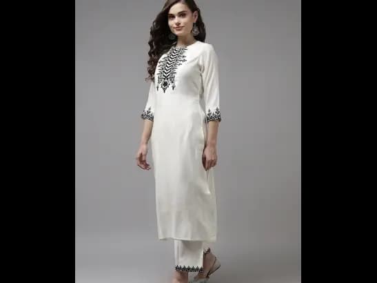 White Floral Yoke Design Regular Mirror Work Kurta with Palazzos & With Dupatta (2)