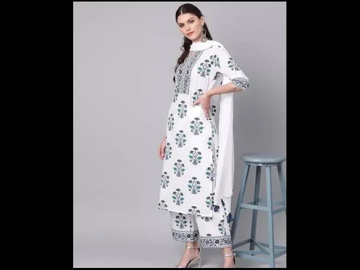 White & Navy Blue Floral Printed Kurta with Palazzos & Dupatta (2)