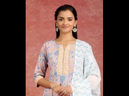 Floral Printed Empire Gotta Patti Pure Cotton Kurta With Trousers & Dupatta (2)