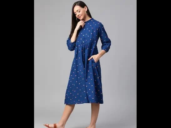 Navy Blue & Coral Pink Floral Printed Cotton A-Line Dress