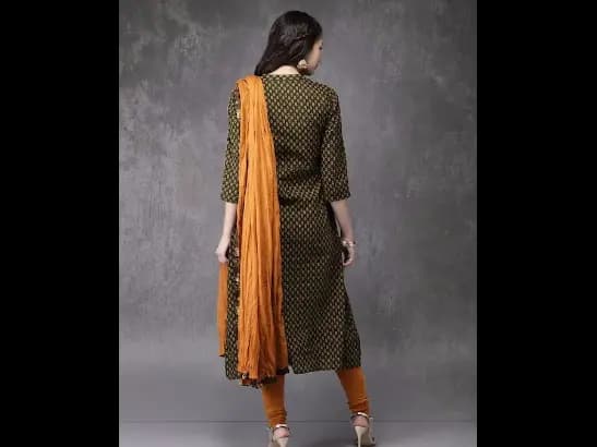 Olive Green & Mustard Brown Printed Kurta with Churidar & Dupatta (5)