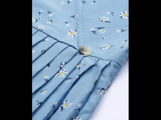 Blue & White Accordion Pleated Floral Printed Wrap Dress (3)