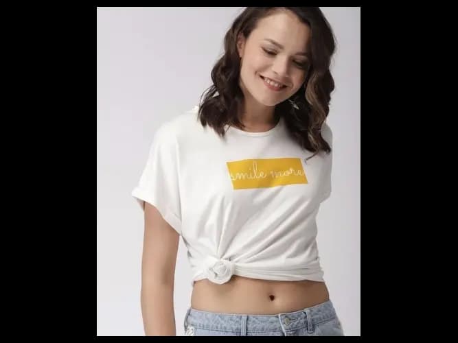 Women Off-White Printed Round Neck T-shirt