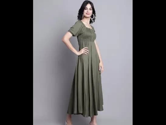 Square Neck Puff Sleeves Smocked Fit & Flare Midi Dress (5)