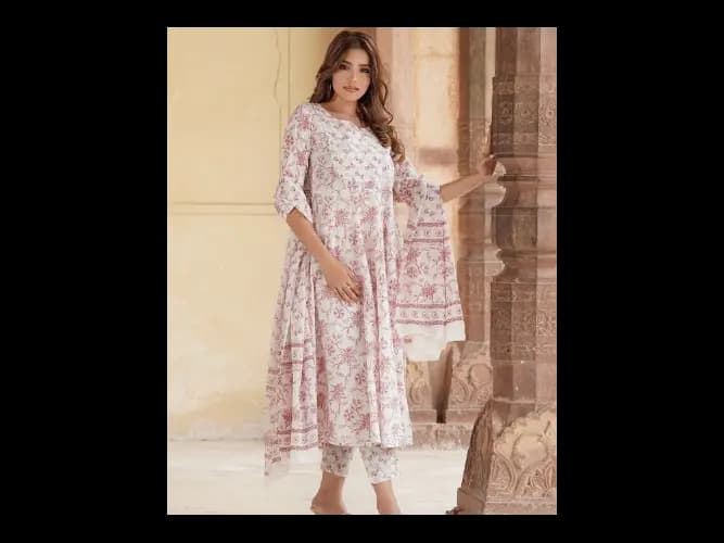 Floral Printed V-Neck Regular Gotta Patti Kurta With Trousers & Dupatta (6)