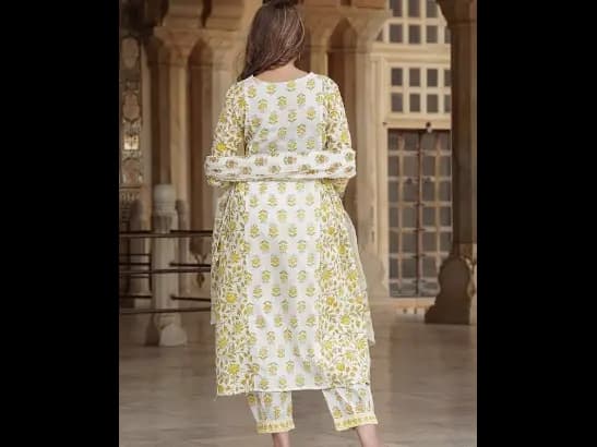 Floral Printed Mirror Work A-Line Pure Cotton Kurta with Trousers & Dupatta (3)
