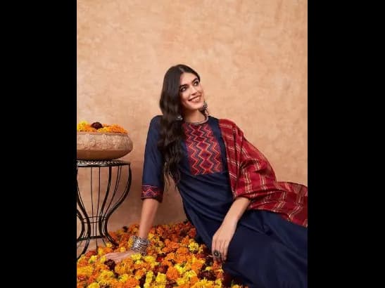 Navy Blue embroidered Kurta with Palazzos with dupatta (2)