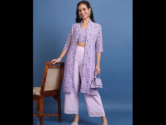 Lavender Printed Crop Top & Jacket With Palazzos