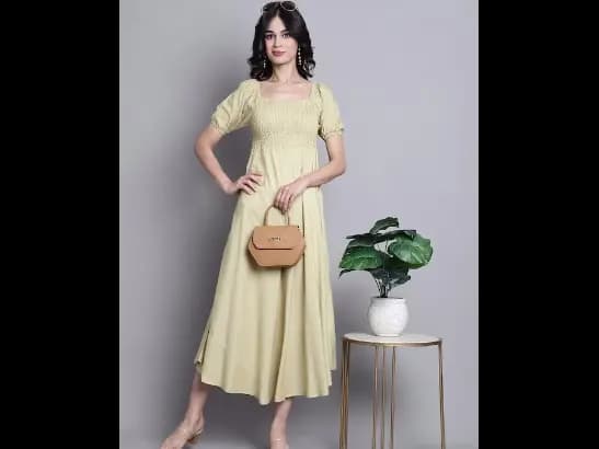 Square Neck Puff Sleeves Smocked Fit & Flare Midi Dress (5)