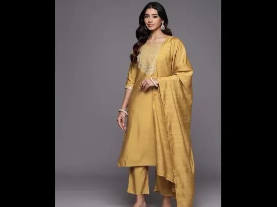 Floral Yoke Design Regular Sequinned Kurta with Trousers With Dupatta