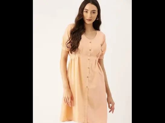 Puff Sleeves Crepe A-Line Dress (4)