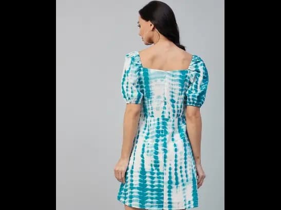 Blue & White Tie and Dye Dyed Crepe A-Line Dress (5)