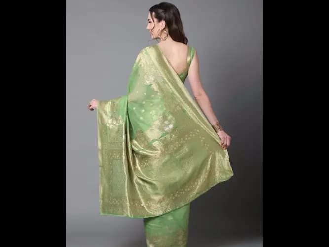 Green Silk Blend Ethnic Motifs Woven Designed Banarasi Saree (2)