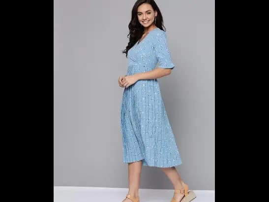 Blue & White Accordion Pleated Floral Printed Wrap Dress