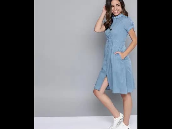 Women Blue Self-Striped Shirt Dress