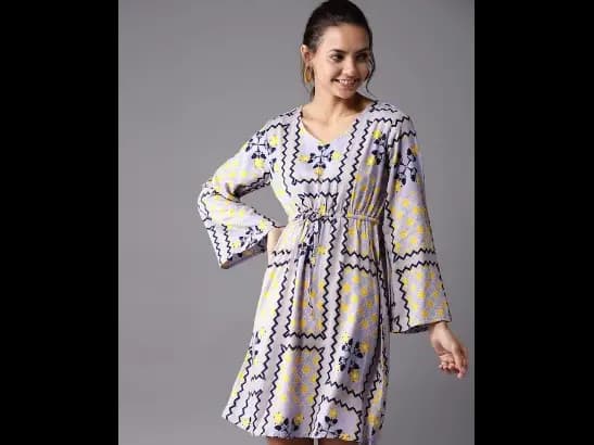 Blue & Mustard Printed Empire Dress
