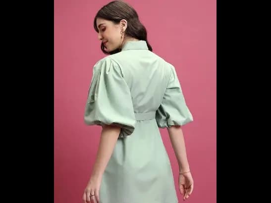 Green Puff Sleeves Shirt Mini Dress (5)