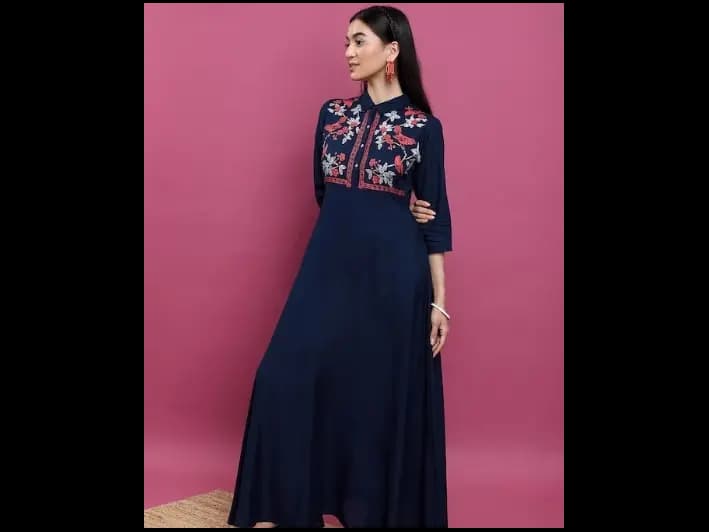 Floral Printed Yoke Design Shirt Collar Three-Quarter Sleeves Anarkali Kurta (4)