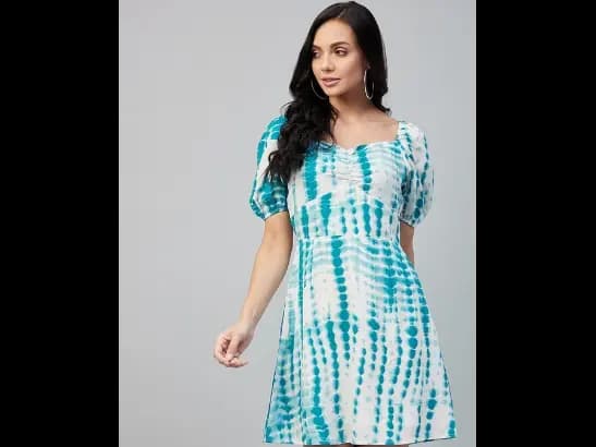 Blue & White Tie and Dye Dyed Crepe A-Line Dress (2)