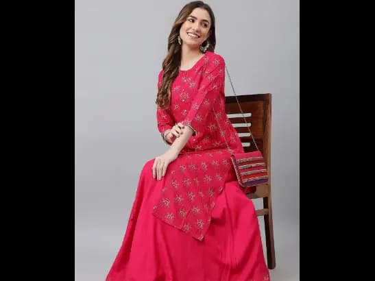Pink Ethnic Motifs Printed Kurta with Skirt
