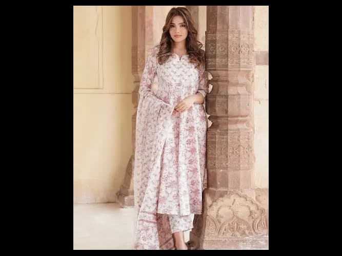 Floral Printed V-Neck Regular Gotta Patti Kurta With Trousers & Dupatta (4)