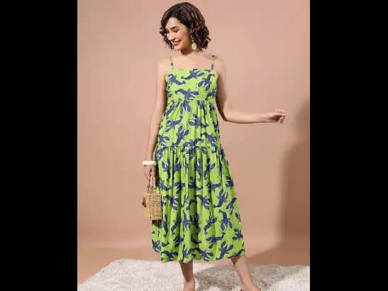 Orange Conversational Printed Shoulder Straps Gathered Cotton A-Line Midi Dress