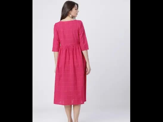Women Pink Checked Fit and Flare Dress (3)