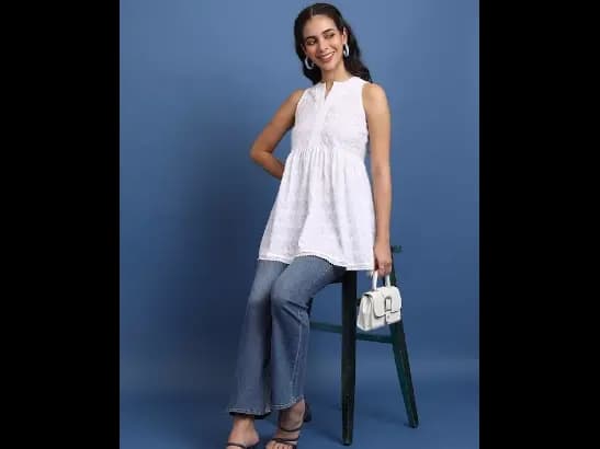 White Floral Embroidered Mandarin Collar Sleeveless Pleated A-Line Kurta