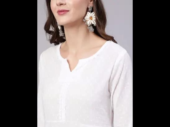 White Round Neck White Regular Self Design Thread Work Kurta SET (3)