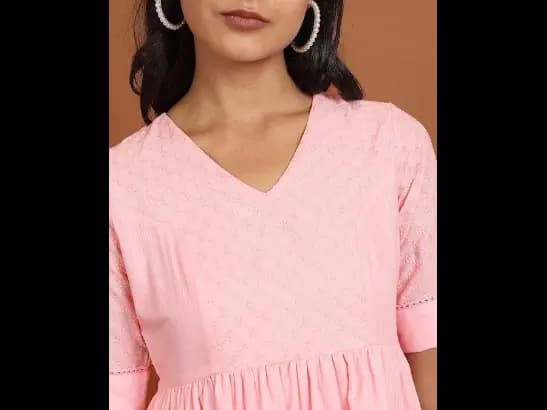 Pink Floral Embroidered Puff Sleeves Schiffli Fit and Flare Midi Dress (3)
