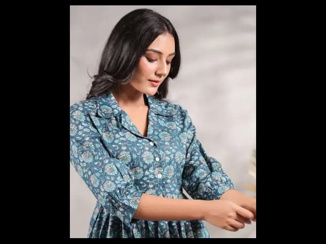 Floral Printed Pleated A-Line Pure Cotton Kurti With Trousers (5)