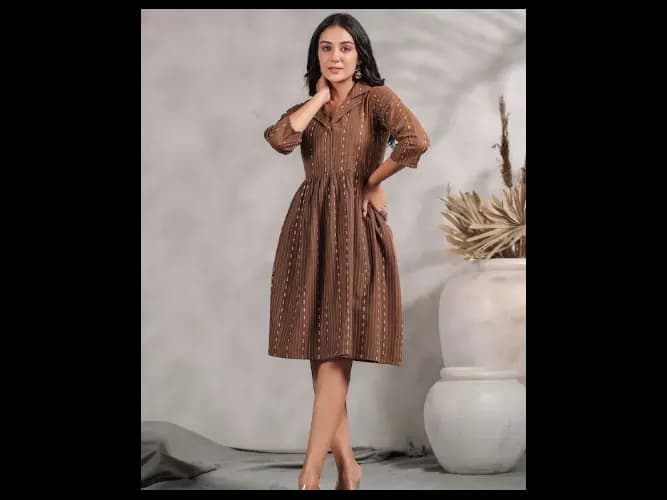 Self Design Shirt Collar A-Line Dress