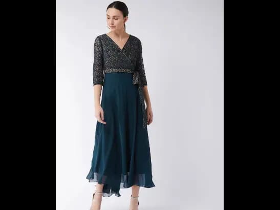Blue & Gold-Toned Georgette Lace Overlay Maxi Dress