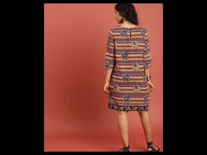 Beige & Maroon Hand Block Print Kalamkari A-Line Pure Cotton Sustainable Dress (3)