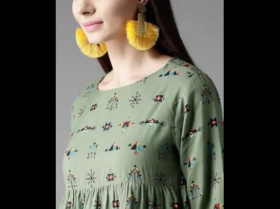 Olive Green & Blue Geometric A-Line Top with Gathered Detail (2)