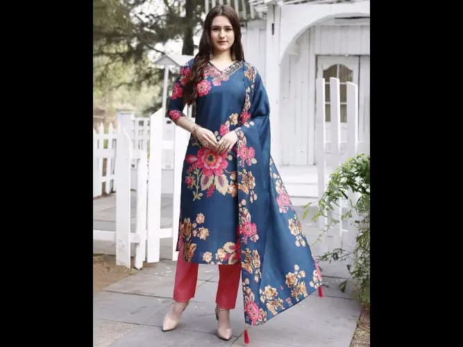 Floral Print Straight Kurta with Pants & Dupatta (6)