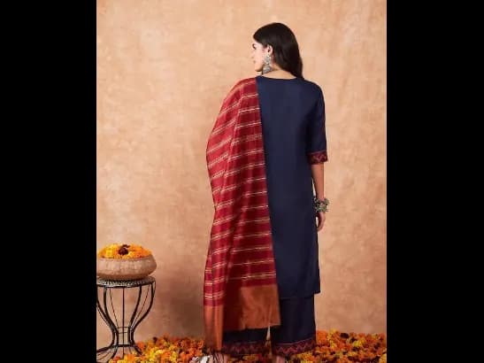 Navy Blue embroidered Kurta with Palazzos with dupatta (4)