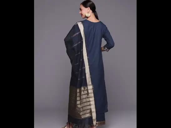 Women Navy Blue Yoke Design Kurta with Palazzos & With Dupatta (7)