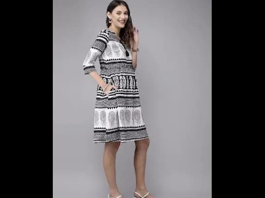 White & Black Ethnic Motifs Printed Pure Cotton Gathered A-Line Dress with Pocket (2)