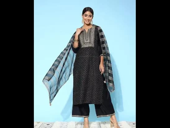 Black embroidered Kurta with Trousers with dupatta