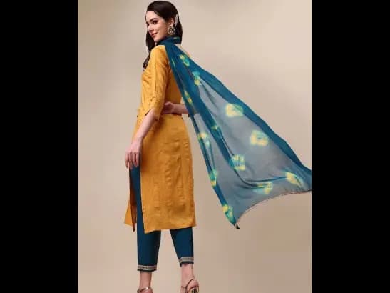 Ethnic Motifs Woven Design Mirror Work Kurta With Trousers & Dupatta (5)