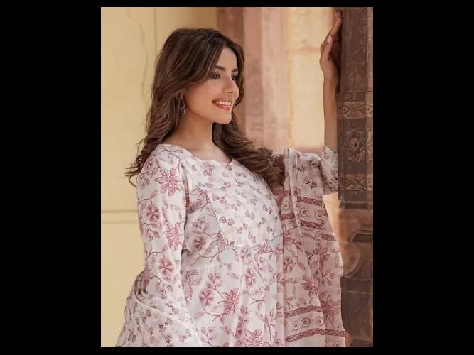 Floral Printed V-Neck Regular Gotta Patti Kurta With Trousers & Dupatta (2)