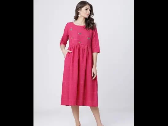 Women Pink Checked Fit and Flare Dress