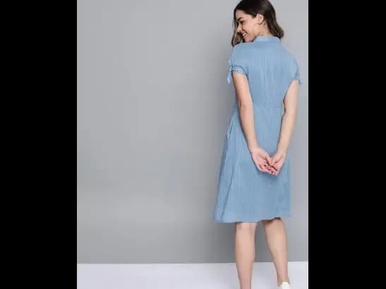 Women Blue Self-Striped Shirt Dress (5)