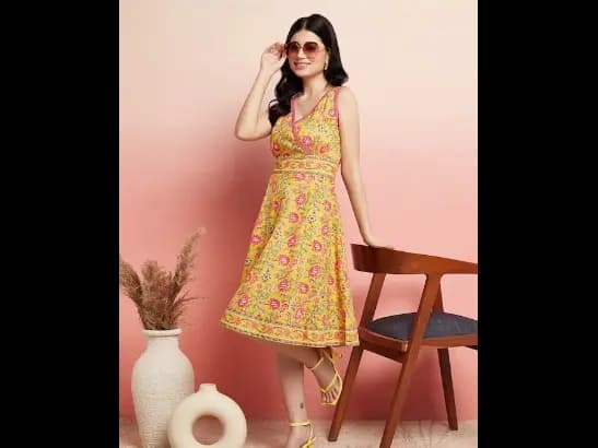 V-Neck Floral Printed Angrakha Style A-Line Cotton Above Knee Dress
